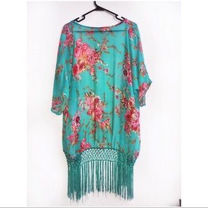 Floral Print Macrame Fringe Kimono
